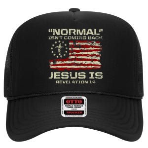 Normal IsnT Coming Back Jesus Is Christian American Flag High Crown Mesh Back Trucker Hat