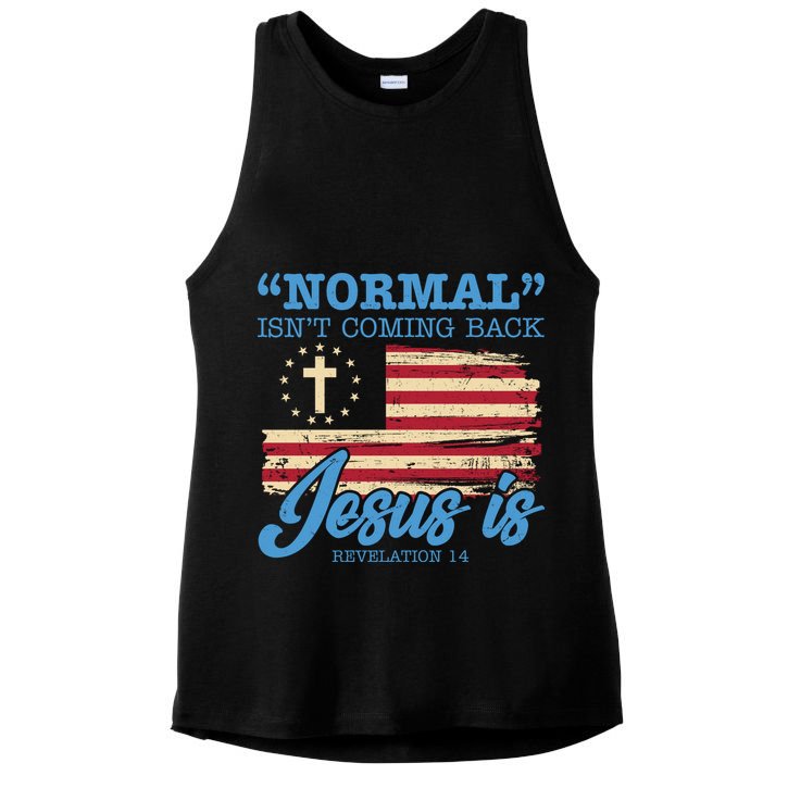Normal Isn't Coming Back Jesus Is Distressed USA Flag Ladies PosiCharge Tri-Blend Wicking Tank