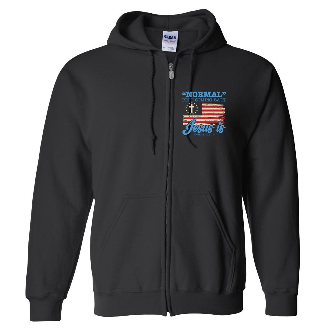 Normal Isn't Coming Back Jesus Is Distressed USA Flag Full Zip Hoodie