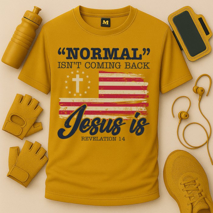 Normal Isn't Coming Back Jesus Is Distressed USA Flag Performance Shirt