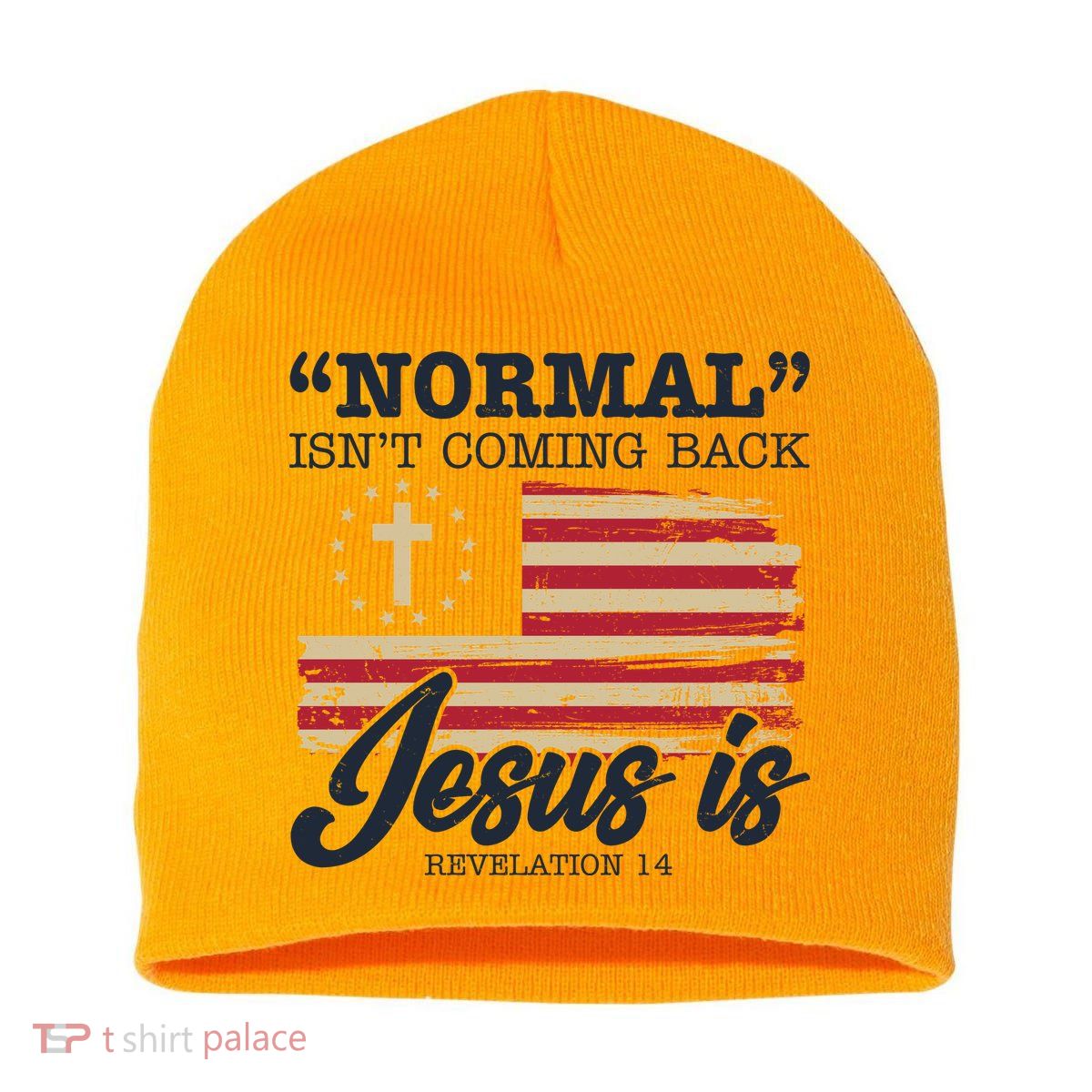 Normal Isn't Coming Back Jesus Is Distressed USA Flag Short Acrylic Beanie