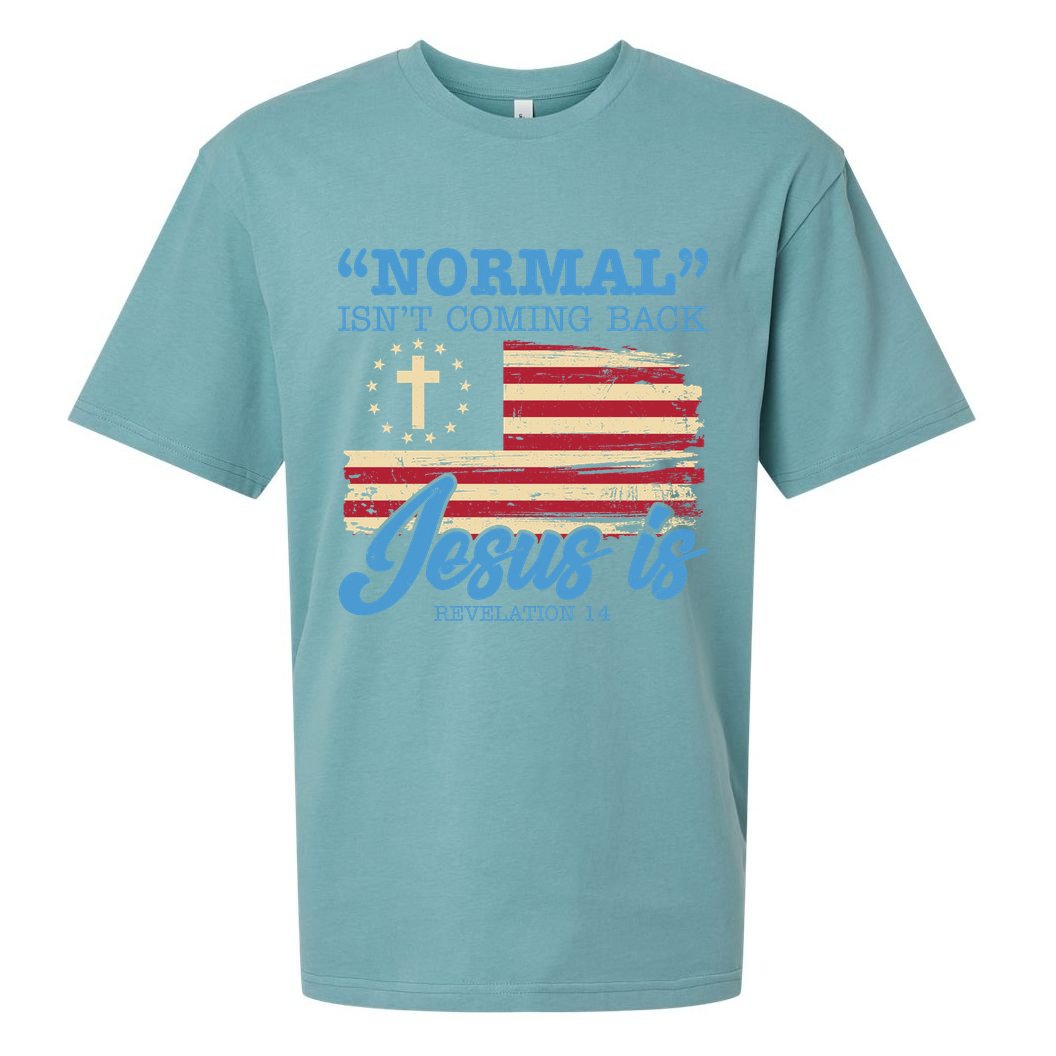 Normal Isn't Coming Back Jesus Is Distressed USA Flag Sueded Cloud Jersey T-Shirt