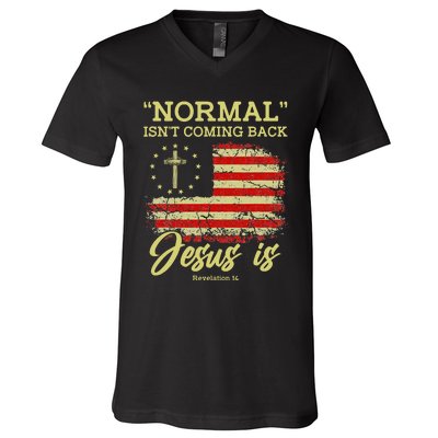 Normal Isn't Coming Back Jesus Is Revelation 14 Christian V-Neck T-Shirt