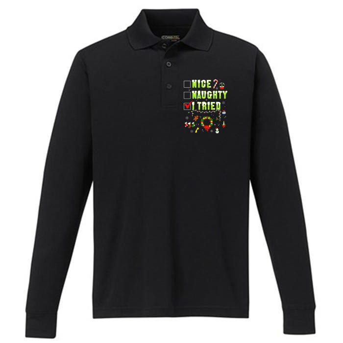 Nice Naughty I Tried Funny Christmas Checklist  Performance Long Sleeve Polo