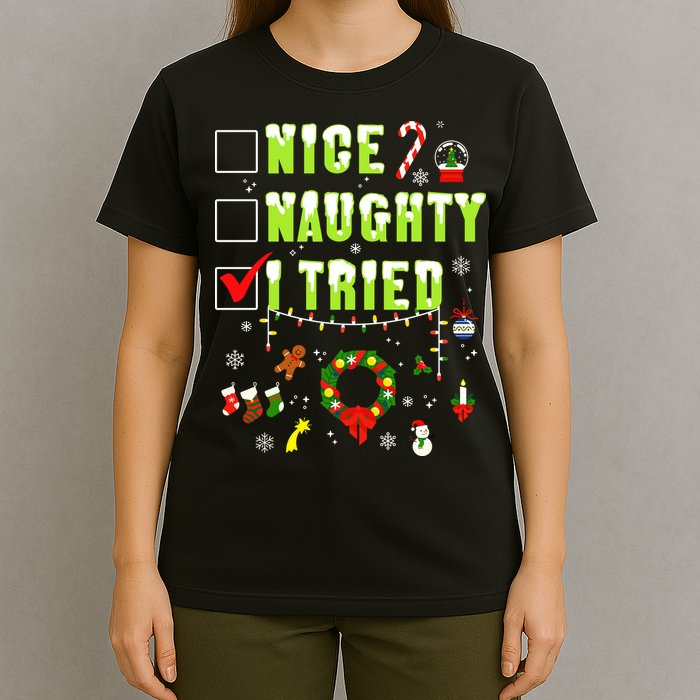 Nice Naughty I Tried Funny Christmas Checklist  T-Shirt