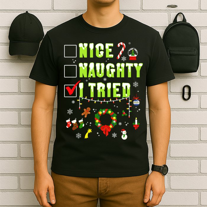 Nice Naughty I Tried Funny Christmas Checklist  T-Shirt