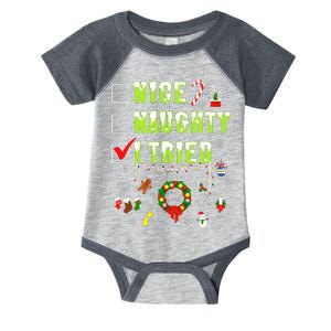 Nice Naughty I Tried Funny Christmas Checklist  Infant Baby Jersey Bodysuit