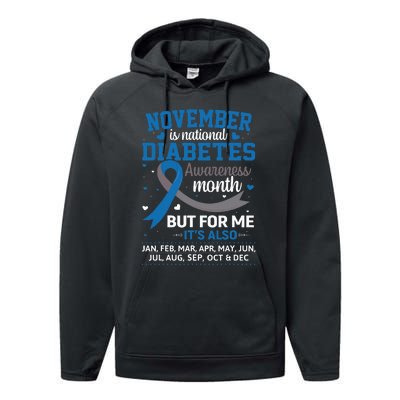 November Is Diabetes Awareness Month Blue And Gray Ribbon Performance Fleece Hoodie