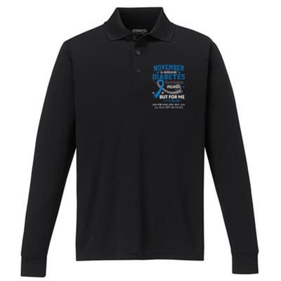 November Is Diabetes Awareness Month Blue And Gray Ribbon Performance Long Sleeve Polo