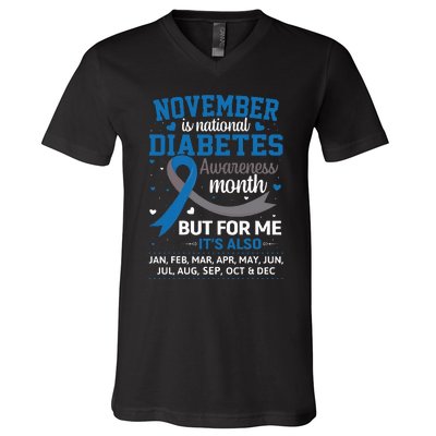 November Is Diabetes Awareness Month Blue And Gray Ribbon V-Neck T-Shirt