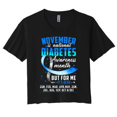 November Is Diabetes Awareness Month Blue And Gray Ribbon Women's Crop Top Tee