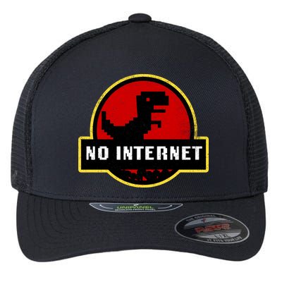 No Internet Dinosaur Park Logo Parody Distressed Flexfit Unipanel Trucker Cap