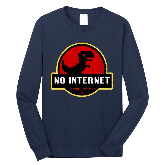 No Internet Dinosaur Park Logo Parody Distressed Long Sleeve Shirt