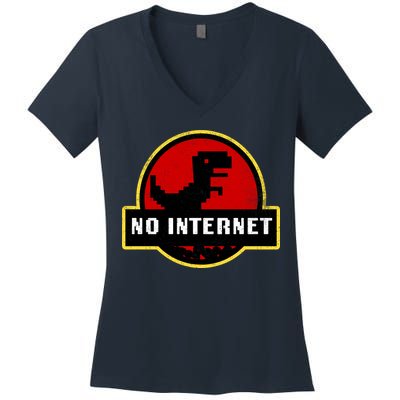No Internet Dinosaur Park Logo Parody Distressed Women's V-Neck T-Shirt