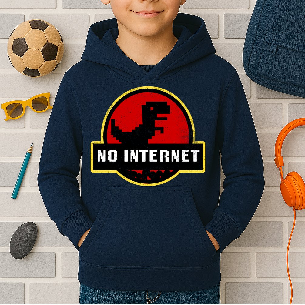 No Internet Dinosaur Park Logo Parody Distressed Kids Hoodie