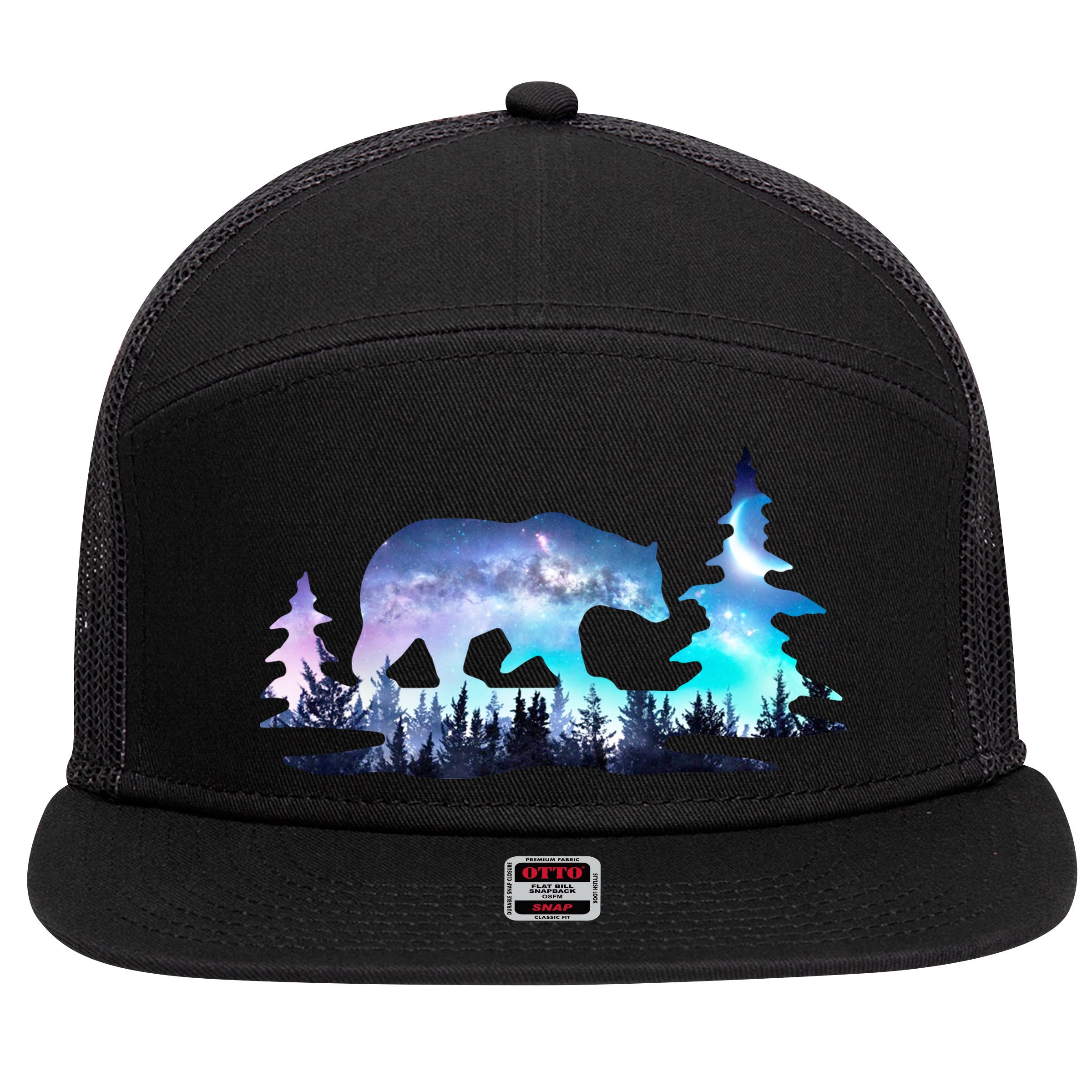Night Sky Wilderness Bear 7 Panel Mesh Trucker Snapback Hat