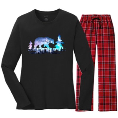 Night Sky Wilderness Bear Women's Long Sleeve Flannel Pajama Set 