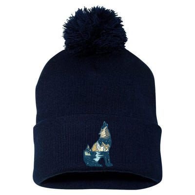 Night Wolf Wilderness Pom Pom 12in Knit Beanie