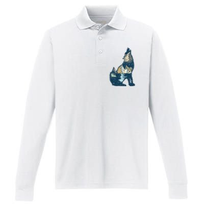 Night Wolf Wilderness Performance Long Sleeve Polo