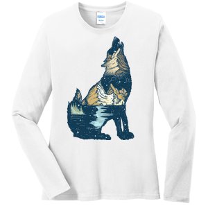 Night Wolf Wilderness Ladies Long Sleeve Shirt