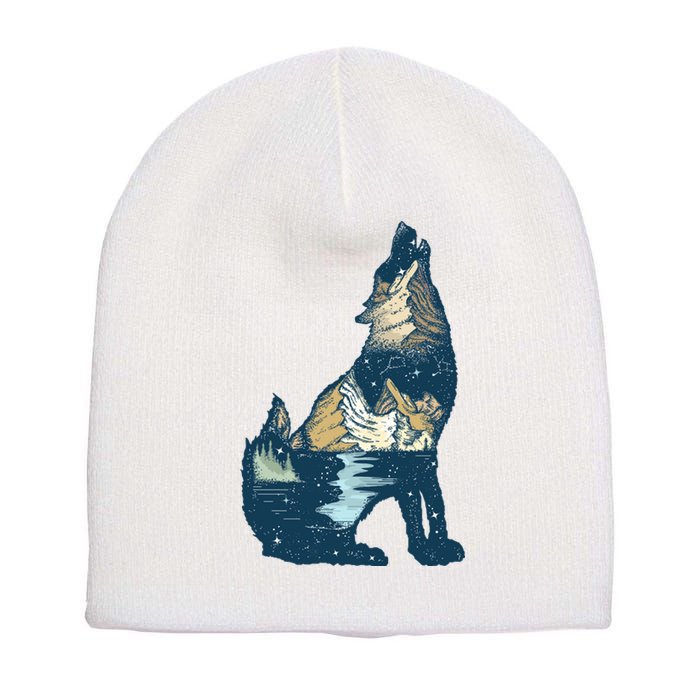 Night Wolf Wilderness Short Acrylic Beanie