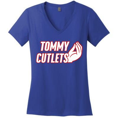 NY Italian Hand Gesture Tommy Cutlets Football Quarterback  Women's V-Neck T-Shirt