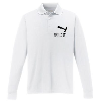 Nailed It Hammer And Nail Woodworking Carpentry Performance Long Sleeve Polo