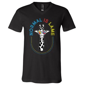 Normal Is Lame - Giraffe Autistic Puzzle Autism Awareness V-Neck T-Shirt