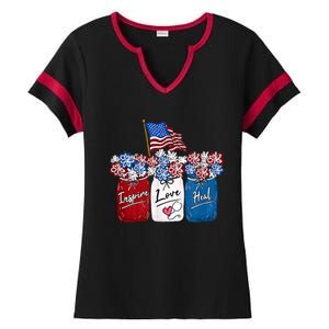 Nurse Inspire Love Heal American Flag Nurse Life 4th Of July Gift Ladies Halftime Notch Neck Tee