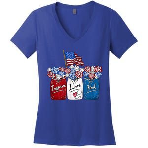 Nurse Inspire Love Heal American Flag Nurse Life 4th Of July Gift Women's V-Neck T-Shirt