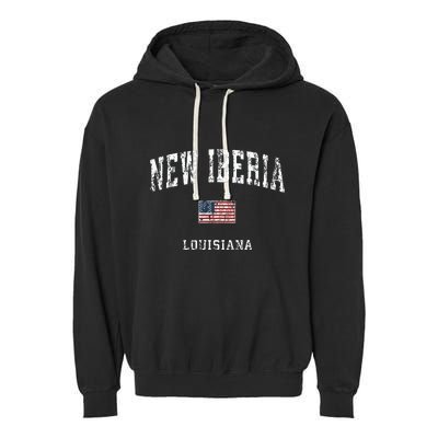 New Iberia Louisiana La Vintage American Flag Sports Design Garment-Dyed Fleece Hoodie