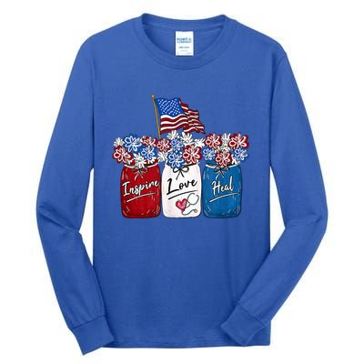 Nurse Inspire Love Heal American Flag Nurse Life 4th Of July Gift Tall Long Sleeve T-Shirt