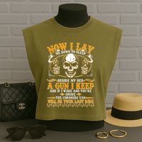 Now I Lay Me Down To Sleep Gun Skull Garment-Dyed Women's Muscle Tee