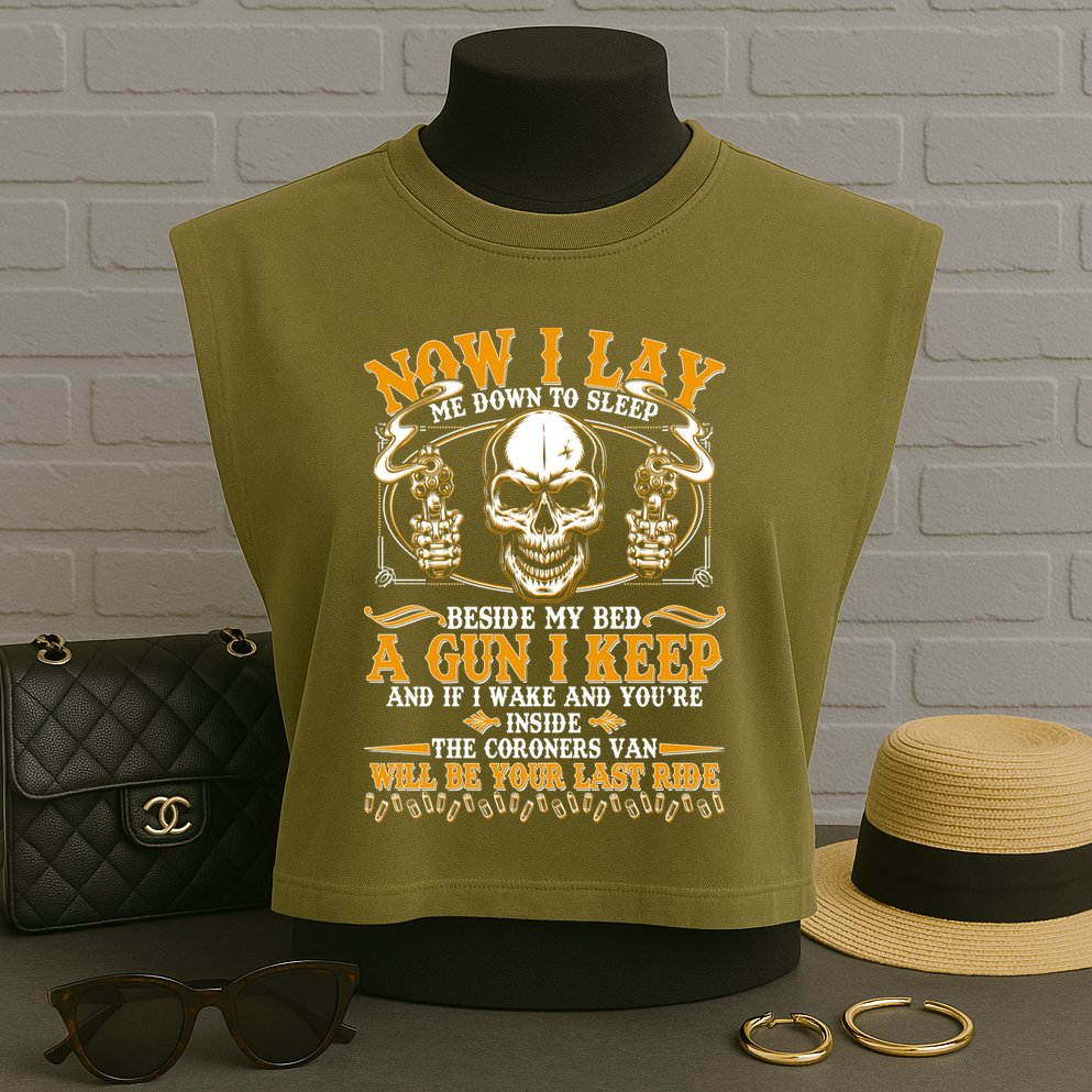 Now I Lay Me Down To Sleep Gun Skull Garment-Dyed Women's Muscle Tee