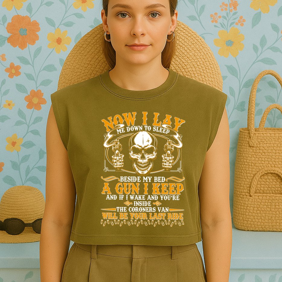 Now I Lay Me Down To Sleep Gun Skull Garment-Dyed Women's Muscle Tee