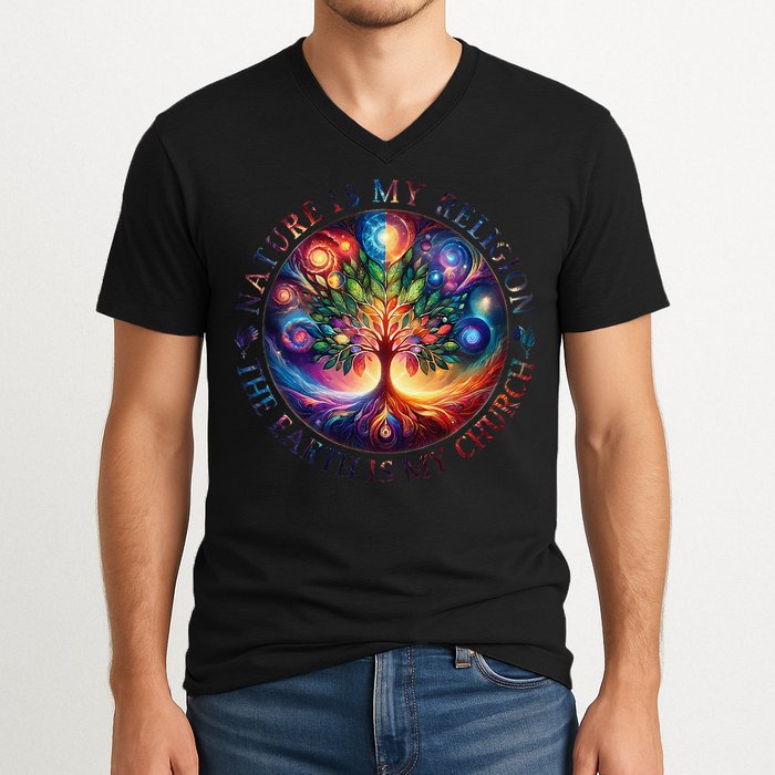 Nature Is My Religion The Earth Is My Church Mandala Tree V-Neck T-Shirt