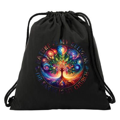 Nature Is My Religion The Earth Is My Church Mandala Tree Drawstring Bag