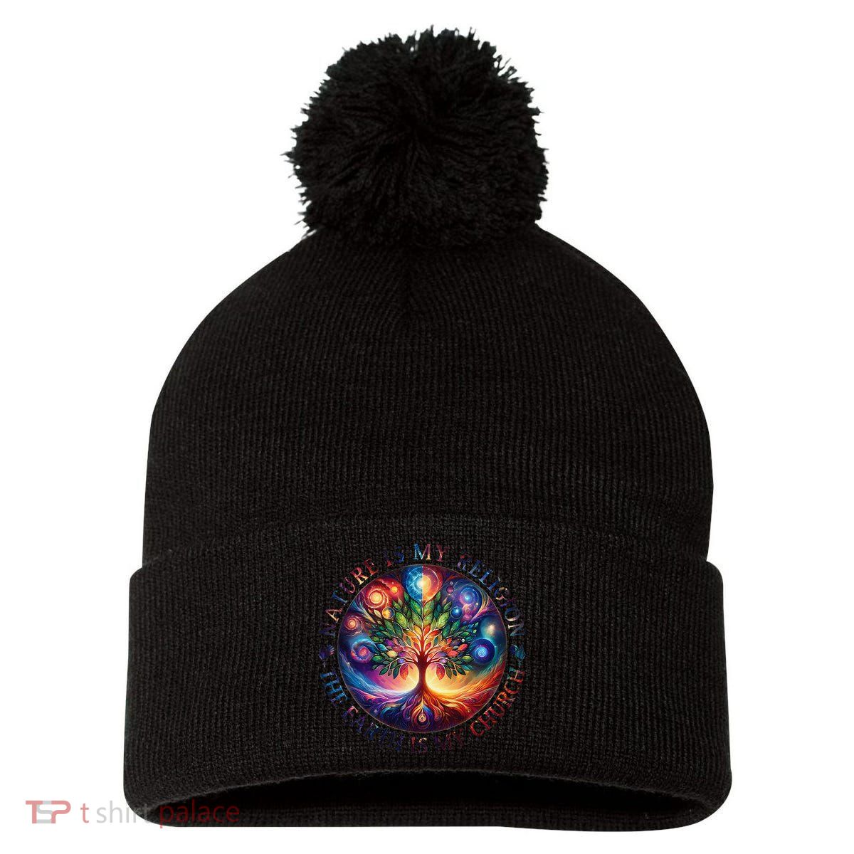 Nature Is My Religion The Earth Is My Church Mandala Tree Pom Pom 12in Knit Beanie