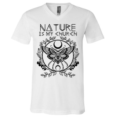 Nature Is My Church Moon Moth Witchcraft Wiccan Witch V-Neck T-Shirt