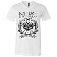 Nature Is My Church Moon Moth Witchcraft Wiccan Witch V-Neck T-Shirt