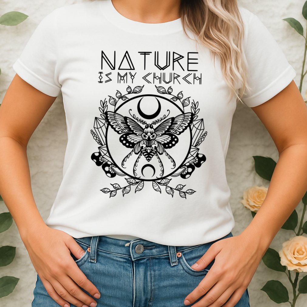 Nature Is My Church Moon Moth Witchcraft Wiccan Witch Womens T-Shirt