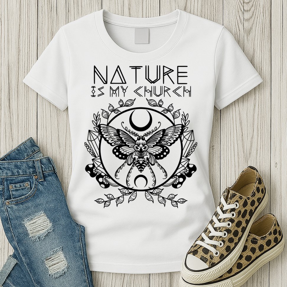 Nature Is My Church Moon Moth Witchcraft Wiccan Witch Womens T-Shirt