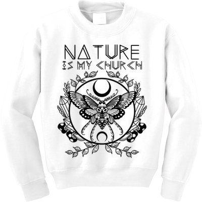 Nature Is My Church Moon Moth Witchcraft Wiccan Witch Kids Sweatshirt