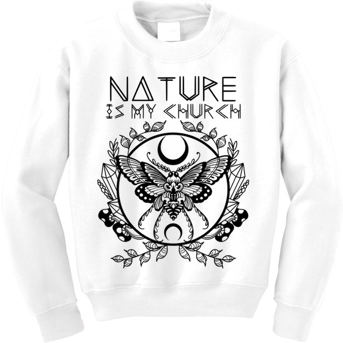Nature Is My Church Moon Moth Witchcraft Wiccan Witch Kids Sweatshirt