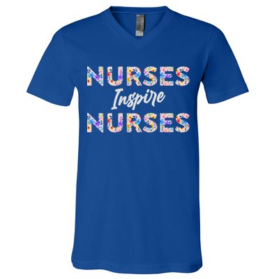 Nurses Inspire Nurses Funny Floral Nurse Quote Gift V-Neck T-Shirt