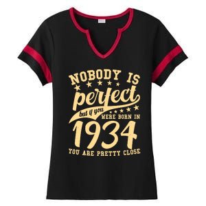 Nobody Is Perfect Born In 1934 90th Birthday Ladies Halftime Notch Neck Tee