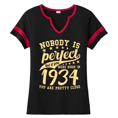 Nobody Is Perfect Born In 1934 90th Birthday Ladies Halftime Notch Neck Tee