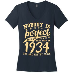 Nobody Is Perfect Born In 1934 90th Birthday Women's V-Neck T-Shirt