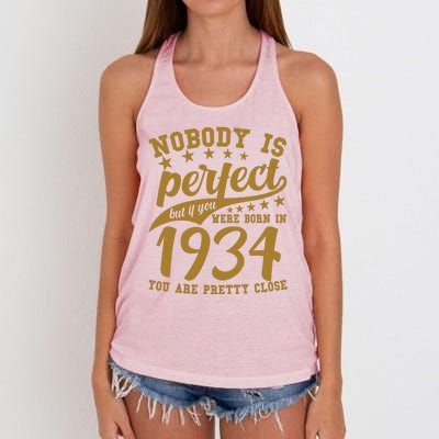 Nobody Is Perfect Born In 1934 90th Birthday Women's Knotted Racerback Tank