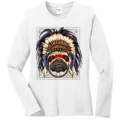 Native Indian Pug Native American Indian Dog Lovers Ladies Long Sleeve Shirt